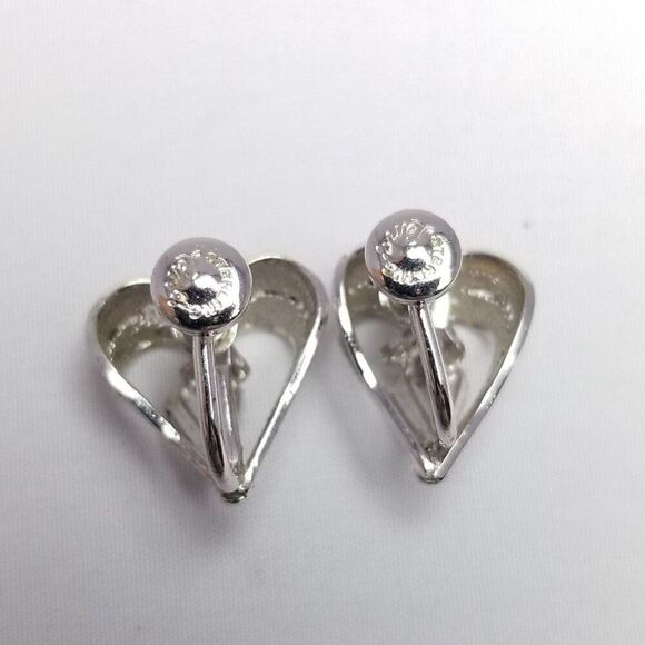 Vintage Sterling Silver Heart Shape Rhinestone Clip On Screw Back Earrings - Picture 3 of 7